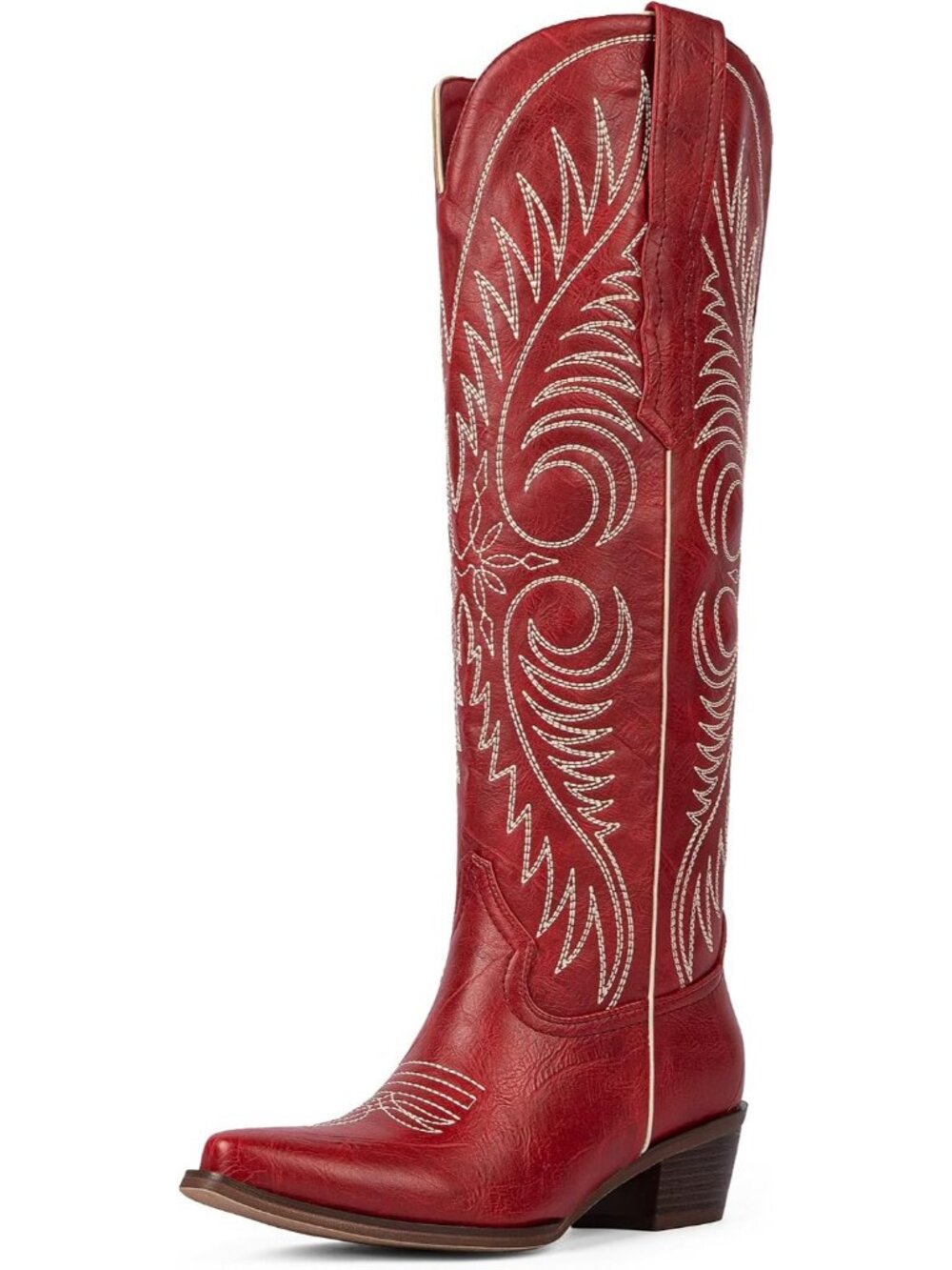 👢Women's Red Pu Knee High Cowgirl Boots Embroidered Pointed Toe Western Boots